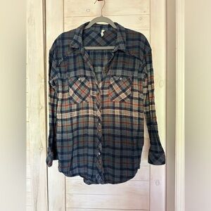 Free People Plaid Button Down with Fringe Details. Size Large. 100% Cotton
